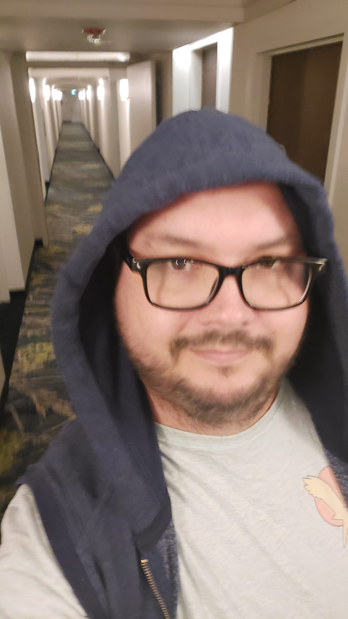 A man stands in a hotel hallway, wearing a hooded sweater vest, he looks somewhat calm